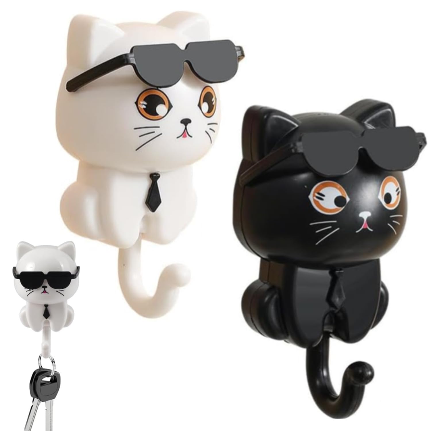 ZHAOYCSH 2 Pieces Cat Key Holder, Self Adhesive Wall Mounted Cat Key Hooks with Sunglasses, Cute Gravity Kitten Hooks for Towel, Backpack, Hat, Scarf, Wall Decor, White and Black