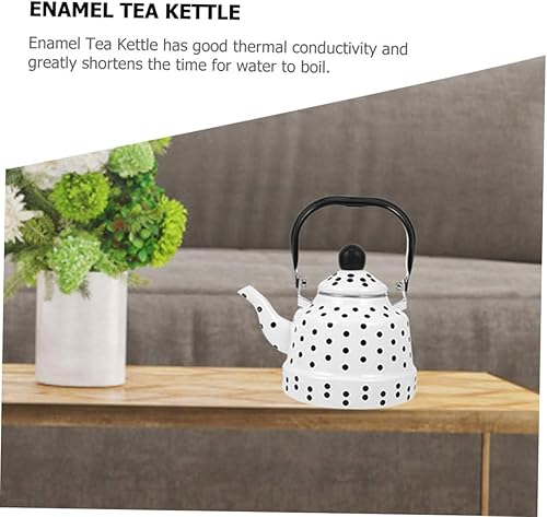 Miniatura 3 de Alipis Hervidor de té esmaltado blanco con puntos negros, tetera decorativa para estufa, tetera con mango antiquemaduras, boquilla suave para