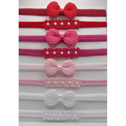 8 Laços de Cabelo para Bebê Recém Nascido menina, Conjunto com Flores trabalhadas com Pérolas e Laços de Crochê (Pink)