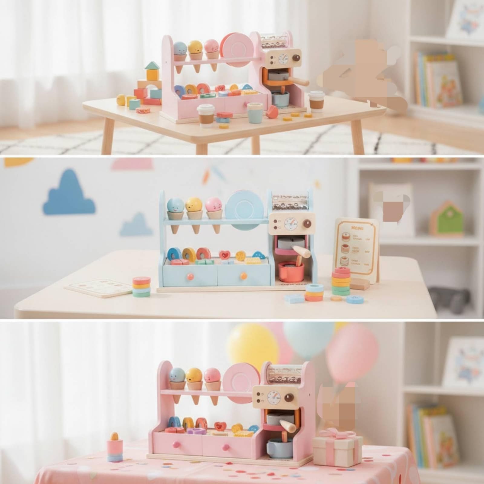 Eisdiele aus Kreativ Eisdielen-Spielset Pädagogisch Kaufmannsladen mit Zubehör für Zimmer , Koreanischer Eiscreme-Kaffeeladen Rosa Für Mädchen
