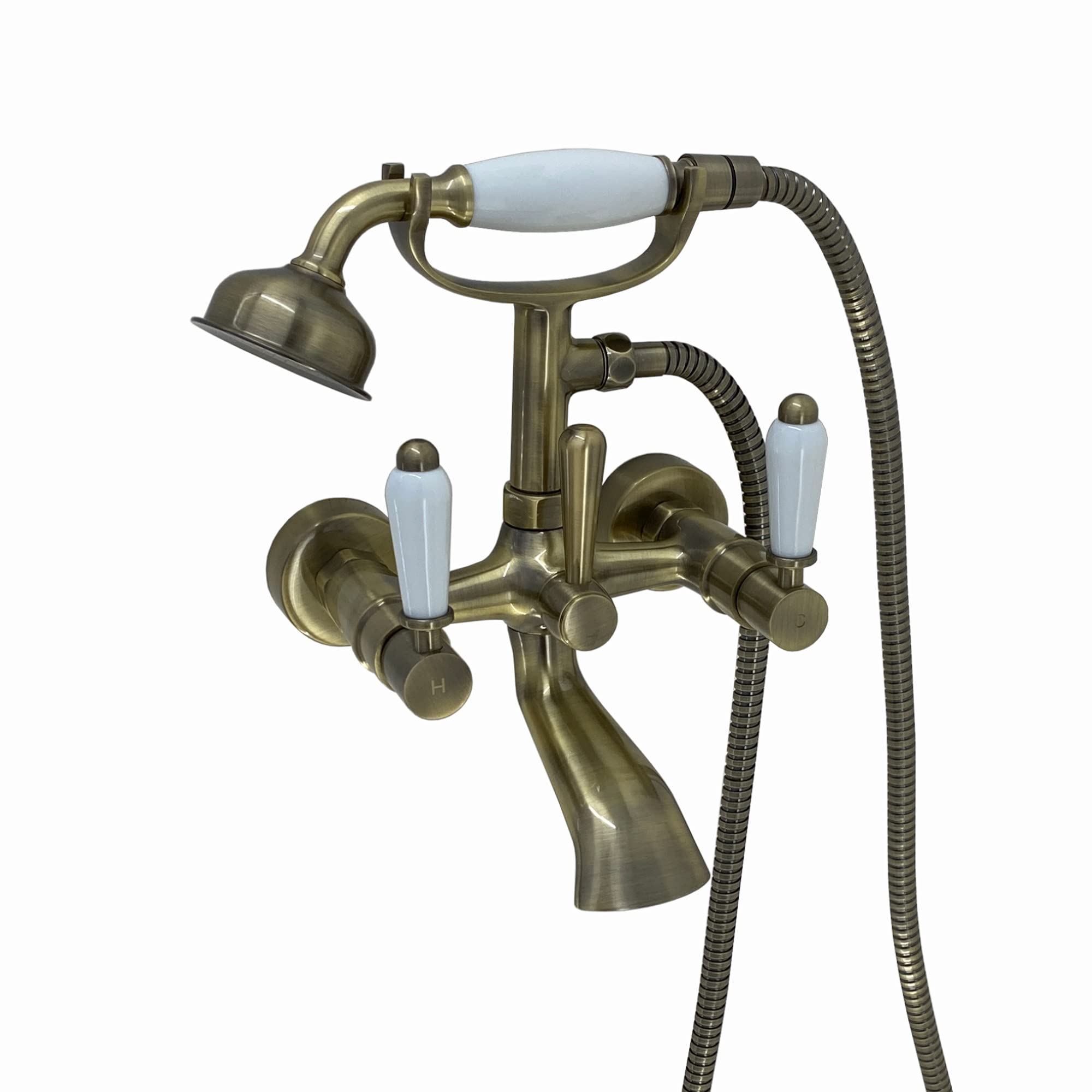 ENKI, Downton, BT0810 Wall Mounted Bath Shower Mixer Tap with White Ceramic Levers Antique Brass