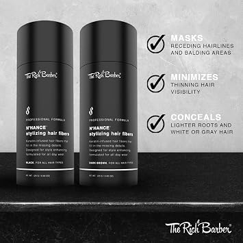 The Rich Barber NHance Hair Building Fibers, 3 Month Supply - Barber Hair Thickening Fibers, 25 grams - Grey Hair Concealer Spray - Sharper Hairlines, Thicker Beard & Fuller Hairstyling (Black)