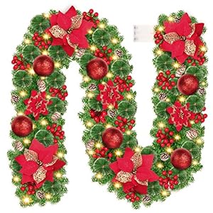 Artificial Pine Garland Indoor Outdoor Christmas Party Wall Staircase Decoration with Lights and Berries