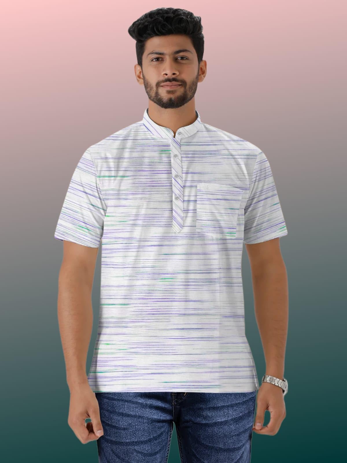 Men's Striped Cotton Kurta, Short Sleeve, Mandarin Collar, White with Multi-Colour Pattern-picture-21