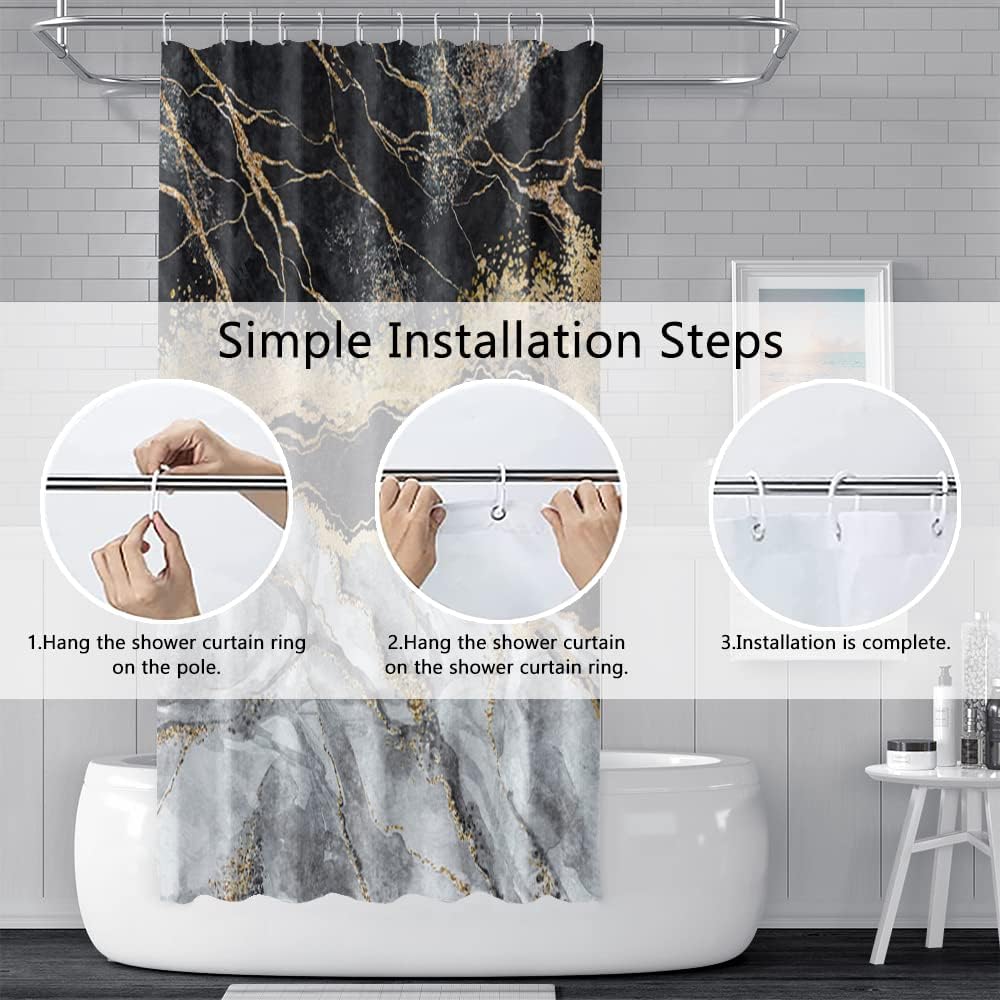 Marble Shower Curtain, Black Grey Shower Curtain for Bathroom Stall RV Abstract Modern Waterproof Fabric Shower Curtain Set with Hooks 72x72 inches