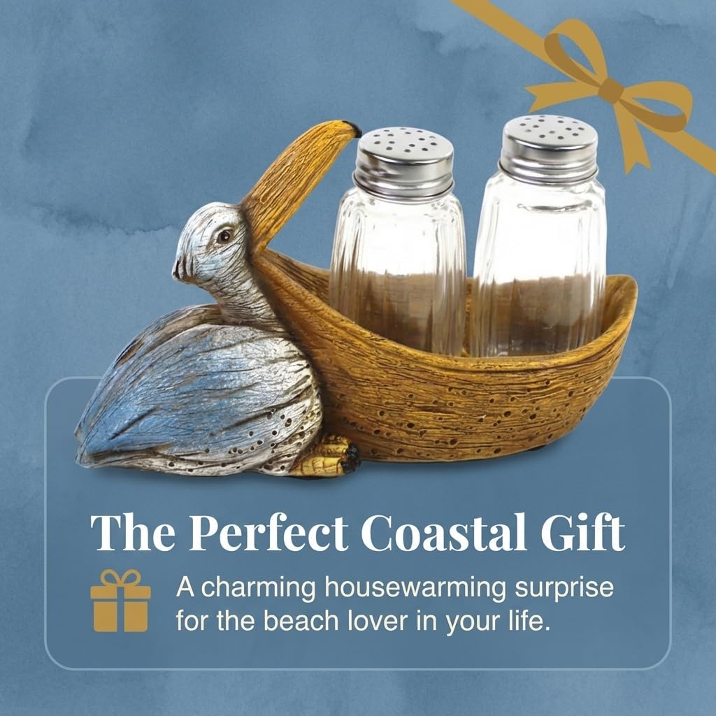 The Bridge Collection Pelican Salt And Pepper Shaker Set Coastal Decor – Nautical Kitchen Tabletop Holder With Glass Shakers – Beach House Dining Accent