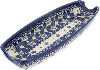 Blue Rose Polish Pottery - Blue Spring Blossom Corn on the Cob Dish - 9.25" Long - Great Plate for Cookouts, Picnics, & Everyday Dining