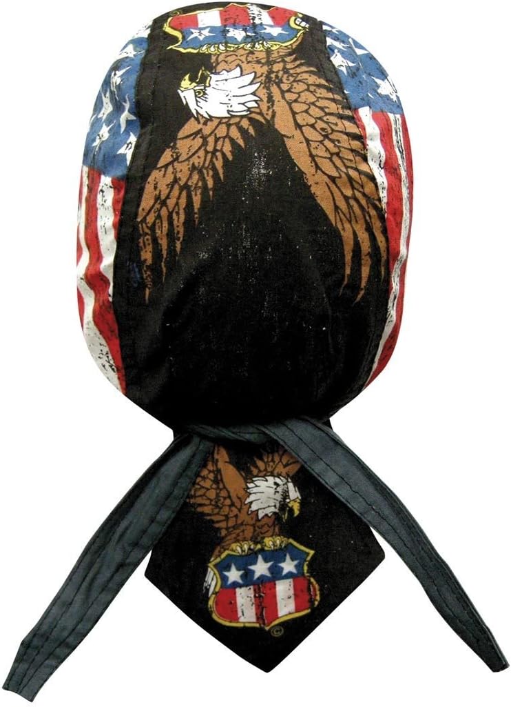 Capsmith Danbanna Deluxe Vintage Eagle Shield American Flag Red White Blue Stars Stripes Headwrap Doo Rag Skull Cap Durag Sweatband Adjustable Ties