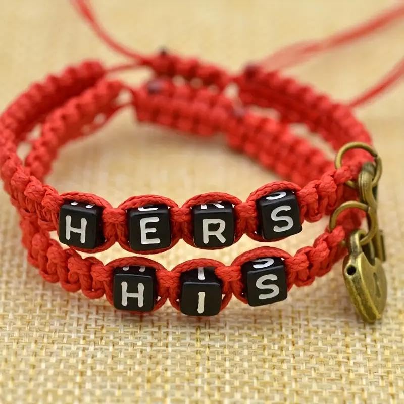 Image of AKOAK 2 Pcs HIS HERS Couple Braided Bracelet Padlock Key Pendant Hand Braided Lanyard Valentine's Day Gift Jewelry