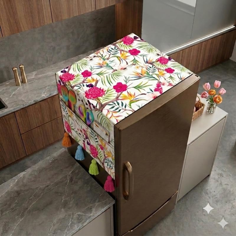 Image of Single Door Fridge Cover 100-250L | 450 GSM Durable Fridge Top Cover with Tassels & Pockets | Fits Godrej, LG, Haier, Samsung Models | Dustproof Refrigerator Cover in Floral | WWW.THROWPILLOW.IN