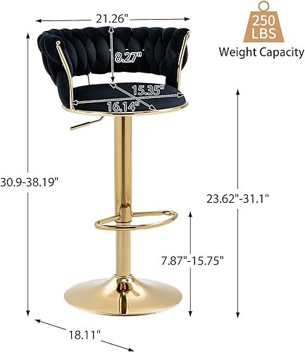 Miniatura 3 de GNIXUU Juego de 2 taburetes de bar de terciopelo, taburetes de bar giratorios tejidos con respaldo, silla de bar dorada de lujo moderna y ajustable,