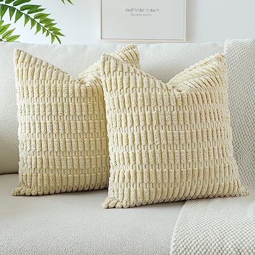JOTOM Set of 2 Corduroy Soft Striped Cushion Covers 45x45 cm Decorative Throw Pillow Covers Square Cushion Case Home Boho Decor Pillow Cases for Couch Sofa Bedroom 18x18 Inch (Tan)