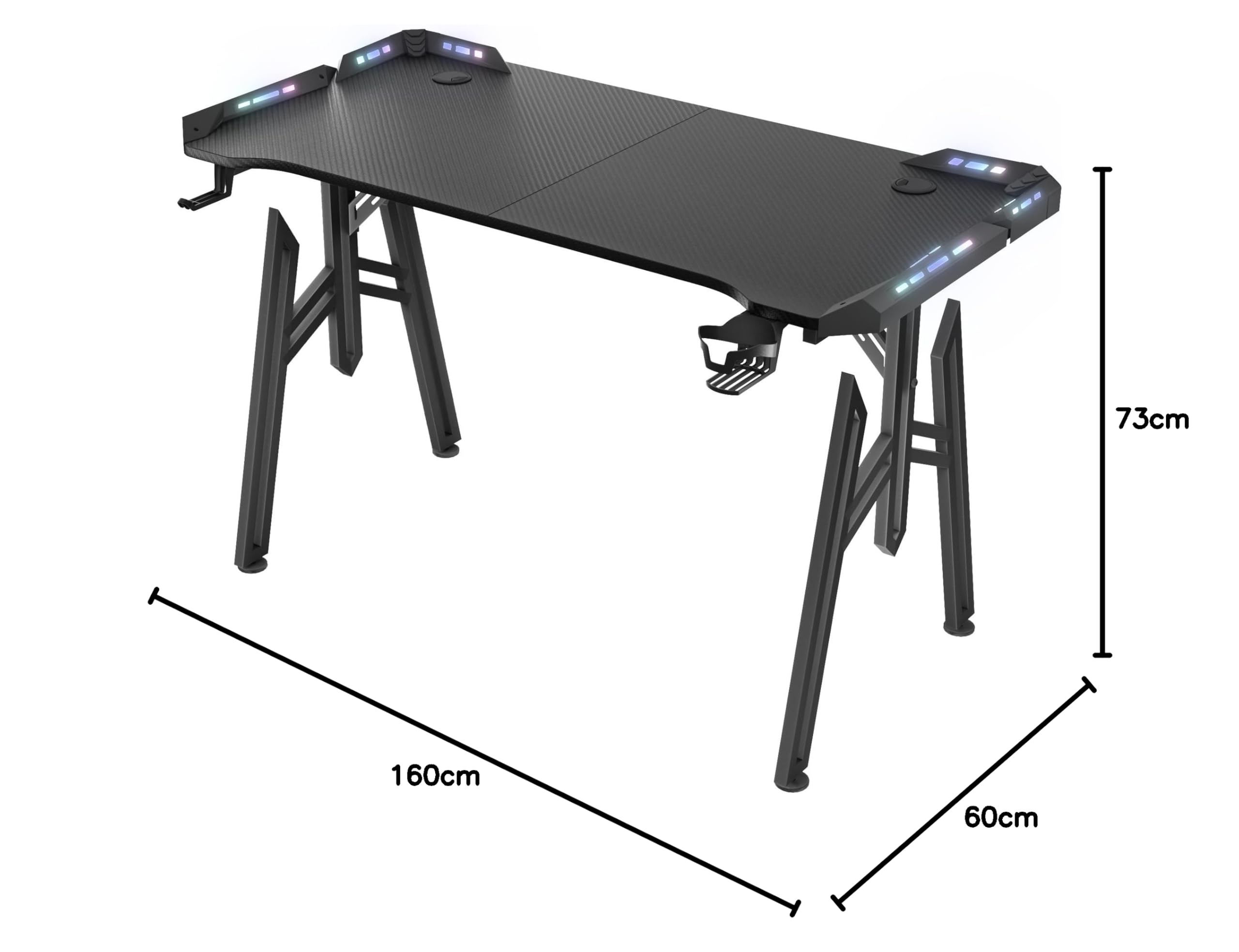 NAIZY Mesa de gaming 160 cm LED escritorio incluye soporte para auriculares, soporte para vaso de agua y orificio para cable, mesa de ordenador de fibra de carbono para PC Gamer, en marco M