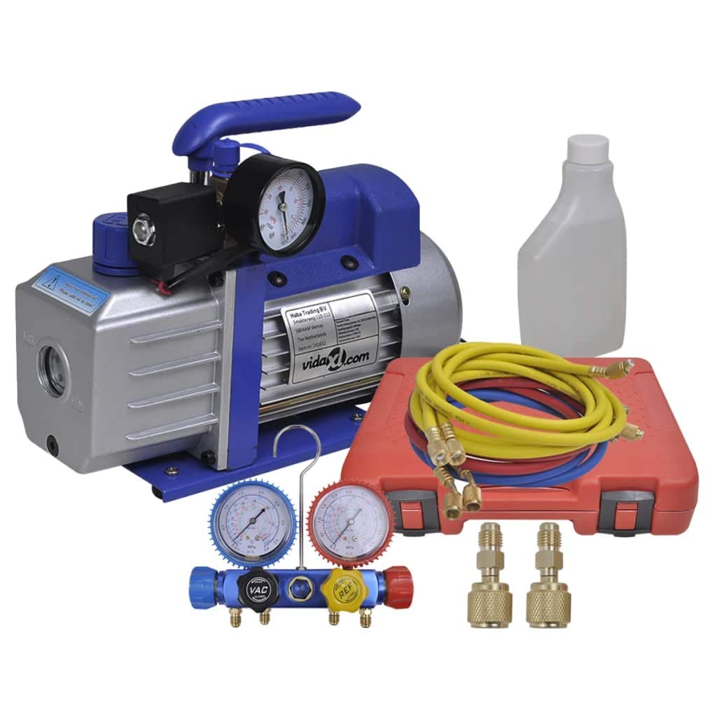 vidaXL Vakuumpumpe Einstufig mit 4-Wege-Verteiler-Manometer Set Unterdruckpumpe Vacuum Vacuumpumpe Kompressor Pumpe Klimaanlage Monteurhilfe
