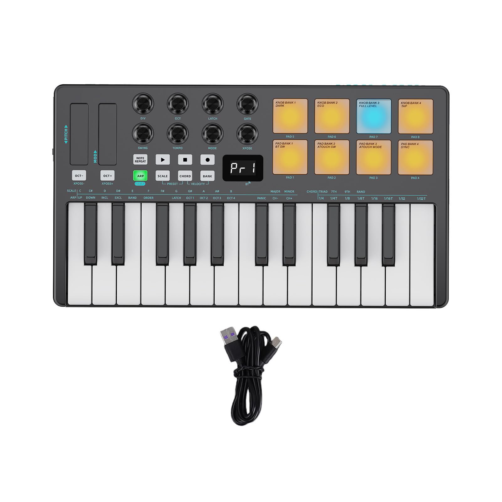 Walmeck Tastiera Controller MIDI BT a 25 Tasti con Pad Sensibili Alla velocità, Funzione di Accordo Arpeggiatore e Ricevitori Ricaricabili per la Produzione DAW (Nera)