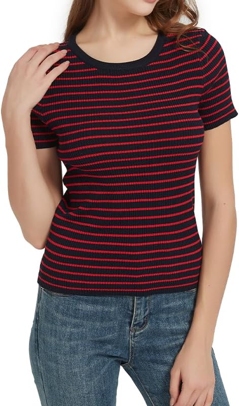 Women's Striped Knit Short Sleeve Top Elastic T-Shirt