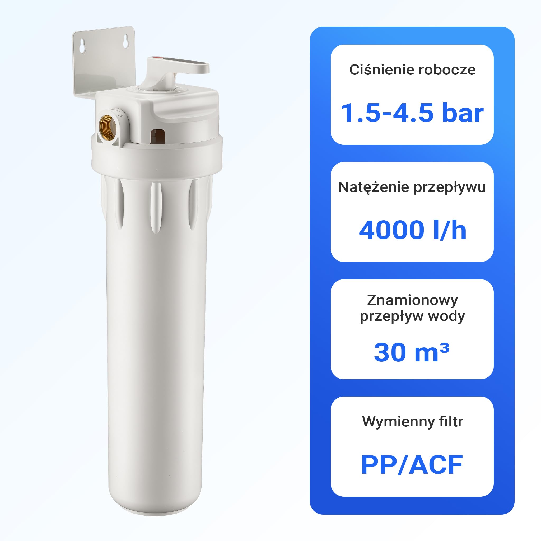 Naturewater filtr wstępny do wody z wkładem PP 20", filtr mechaniczny z płukaniem wstecznym, ciśnienie robocze 1,5–5 bar, filtracja wody w domu
