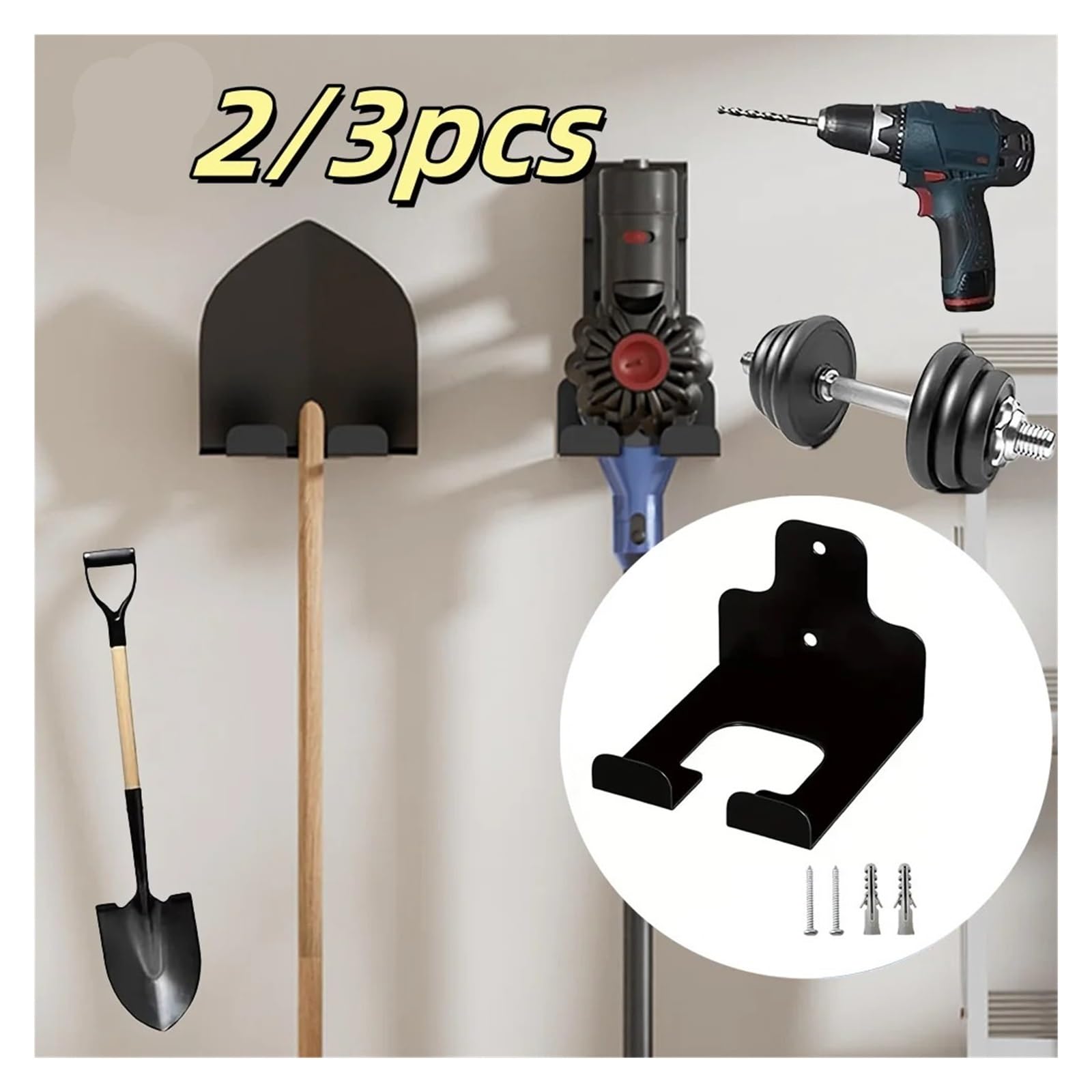 2/3 unidades de colgador acero resistente for desbrozadora, fácil montar en la pared, ajustable for herramientas garaje, con ganchos ajustables y estante almacenamiento Para Garajes(Black 3pcs)