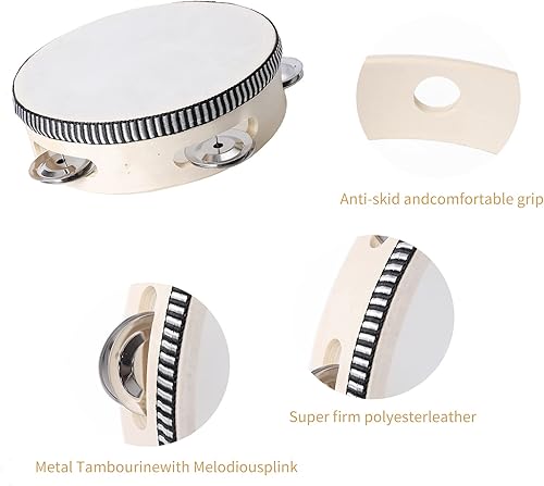 Miniatura 3 de Pandereta para niños de 6 pulgadas, tambor pequeño de mano con cascabeles de metal, instrumento musical de percusión para juegos de fiesta,