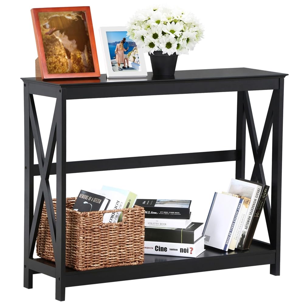 Yaheetech Table Console Table d'Entrée en Bois Meuble de Salon, Moderne, avec 2 Etagères de Rangement, Structure en X, pour Petits Espaces, Salon, Couloir, 102 x 30 x 81 cm, Noir