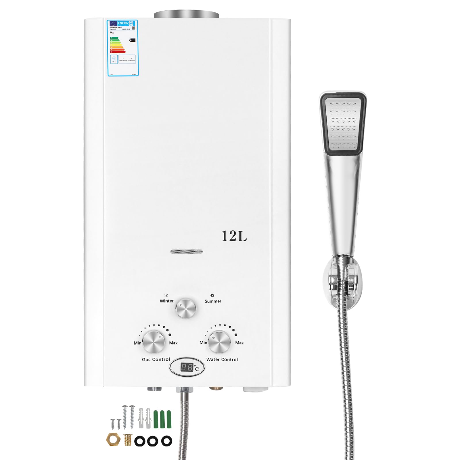 Xverycan Calentador de agua de gas de 12 litros, 24 kW, GLP, propano butano, sin tanque, para uso doméstico, camping, caravanas, cabinas al aire libre, graneros