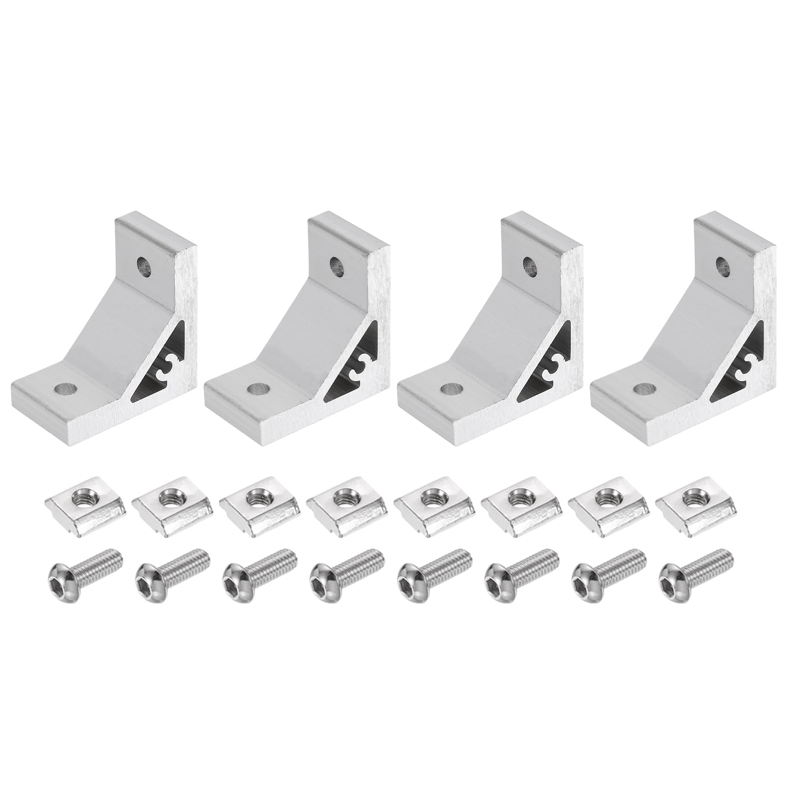 sourcing map 4Set 90 Degree Angle Corner Brackets, 50x50x28mm 3030 Series Aluminum Extrusion Profile Accessories, Corner Brace Joint Connectors with Mounting Screws and Nuts, Silver — image 1