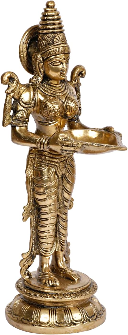 Kartique Brass Large Deeplaxmi Statue for Home Entrance Decor Oil Lamp Diya Deepam Antique Gold Color