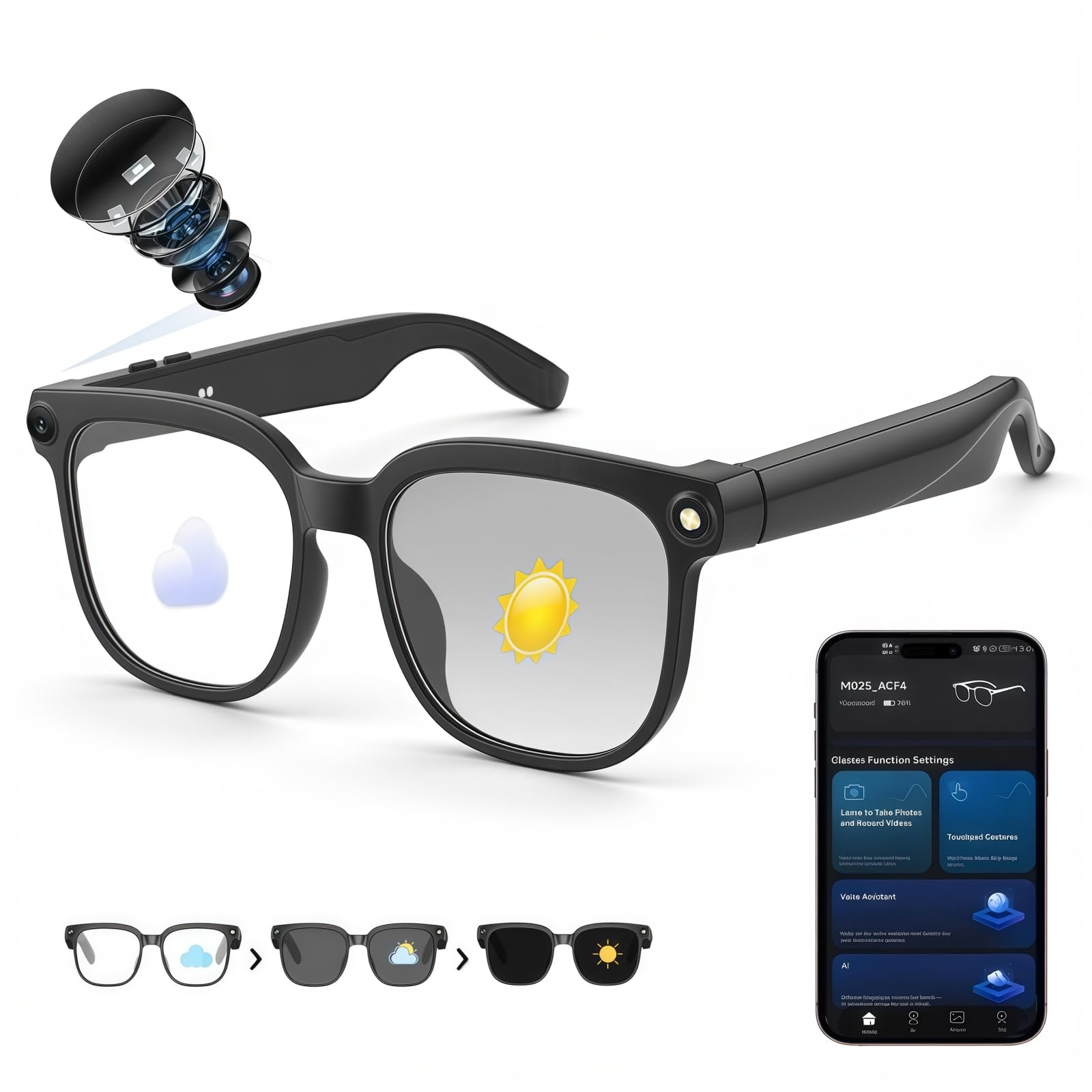 Smart Glasses with Camera - 4K/1080P Video Recording Sunglasses, AI Voice Control, Bluetooth Audio, Photochromic Lenses, 8H Battery for Travel and Meeting and Vlogging (Body-image-10