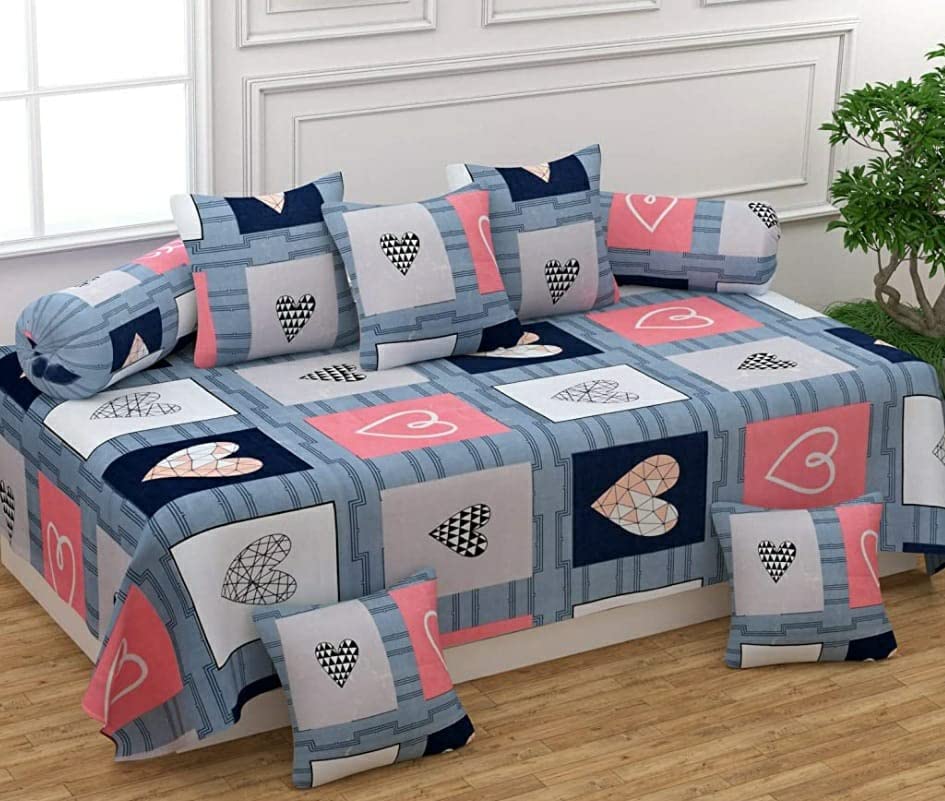 FASSCETE Soft Glace Cotton Designer Printed Diwan Set, 1 Single Bedsheet, 2 Bolster Covers, 5 Cushion Covers,Multicolor - 8 Piece-image-14