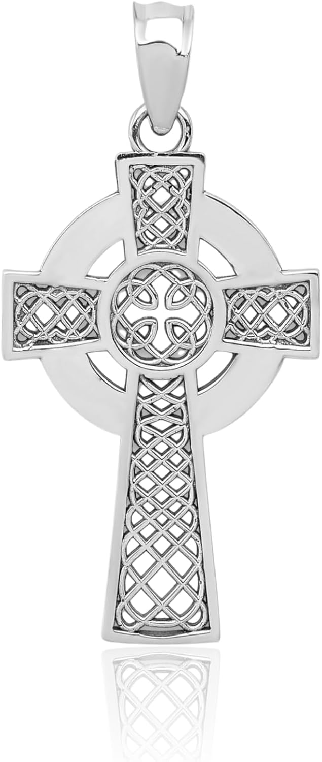 IceCarats 14K Solid White Gold Filigree Large Heart Celtic Claddagh Iona Cross Pendant Necklace 26mm 1 inch Polished, Textured For Her