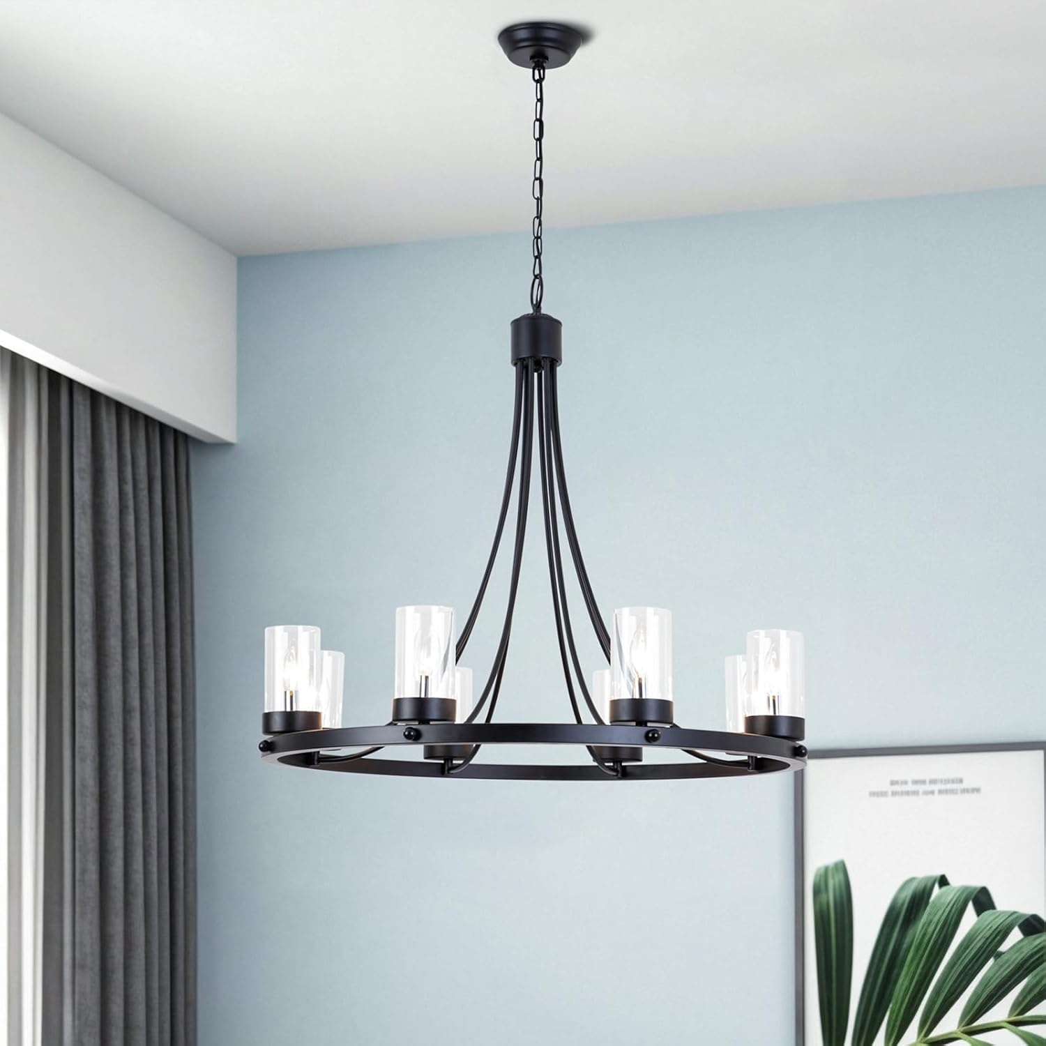 Maxax 8 Lights Wagon Wheel Chandelier, 33" Round Rustic Farmhouse Clear Glass Ceiling Light, Round Kitchen Island Adjustable Hanging Lighting, E12 Base, for Dinning Room, Living Room, Black