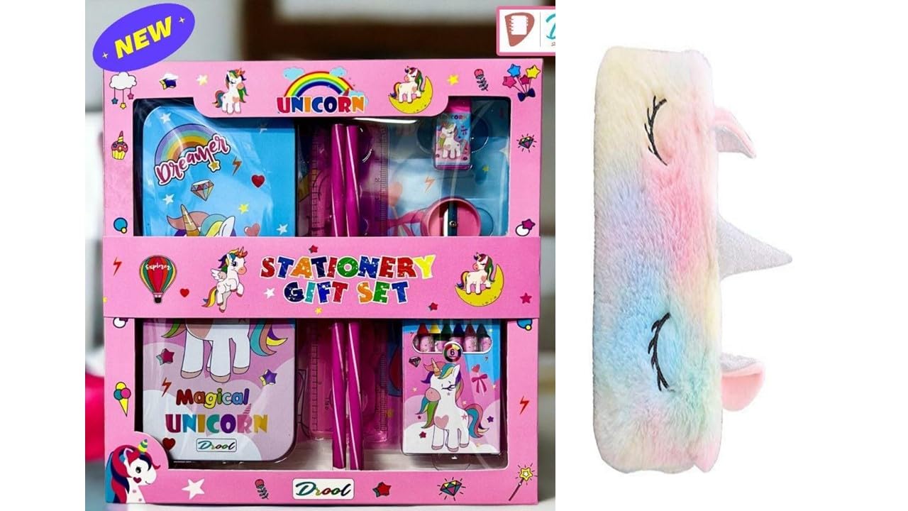 MINDFIT Combo Pack of Stationary Gift Set and Unicorn Fur Pouch Birthday Party Favor Return Gift for Boys & Girls School