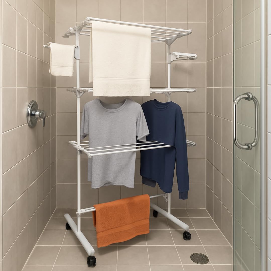 BERARDI Stendibiancheria Verticale Pieghevole, 3 Ripiani, Bianco, con 4 Ruote, 142x55x172cm, Capacità 30kg