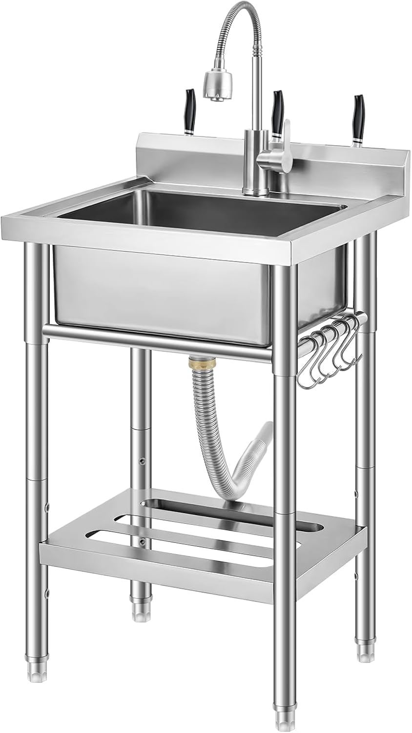 Garvee Stainless Steel Utility Sink with Faucet &amp; Storage Shelf, 304 Single Bowl Freestanding Sink with Adjustable Legs, S-Hooks, Hot &amp; Cold Water Pipes for Kitchen, Laundry, Garage, Farm, Outdoor Use