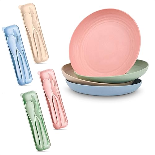 4 utensilios de viaje con funda juego de utensilios reutilizables con funda juego de cubiertos y 4 platos y cuencos de paja de trigo 9 pulgadas