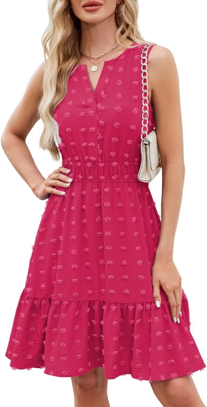 QACOHU 2026 Women Summer Short Dress Sleeveless V Neck Swiss Dot A Line Swing Mini Sundress for Women