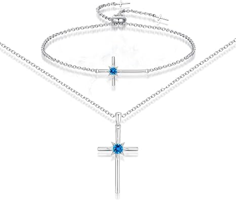 November December Birthstone Jewelry for Women 925 Sterling Silver Cross Pendant White Gold Synthetic London Blue Topaz Necklace Crucifix Bracelet for Her
