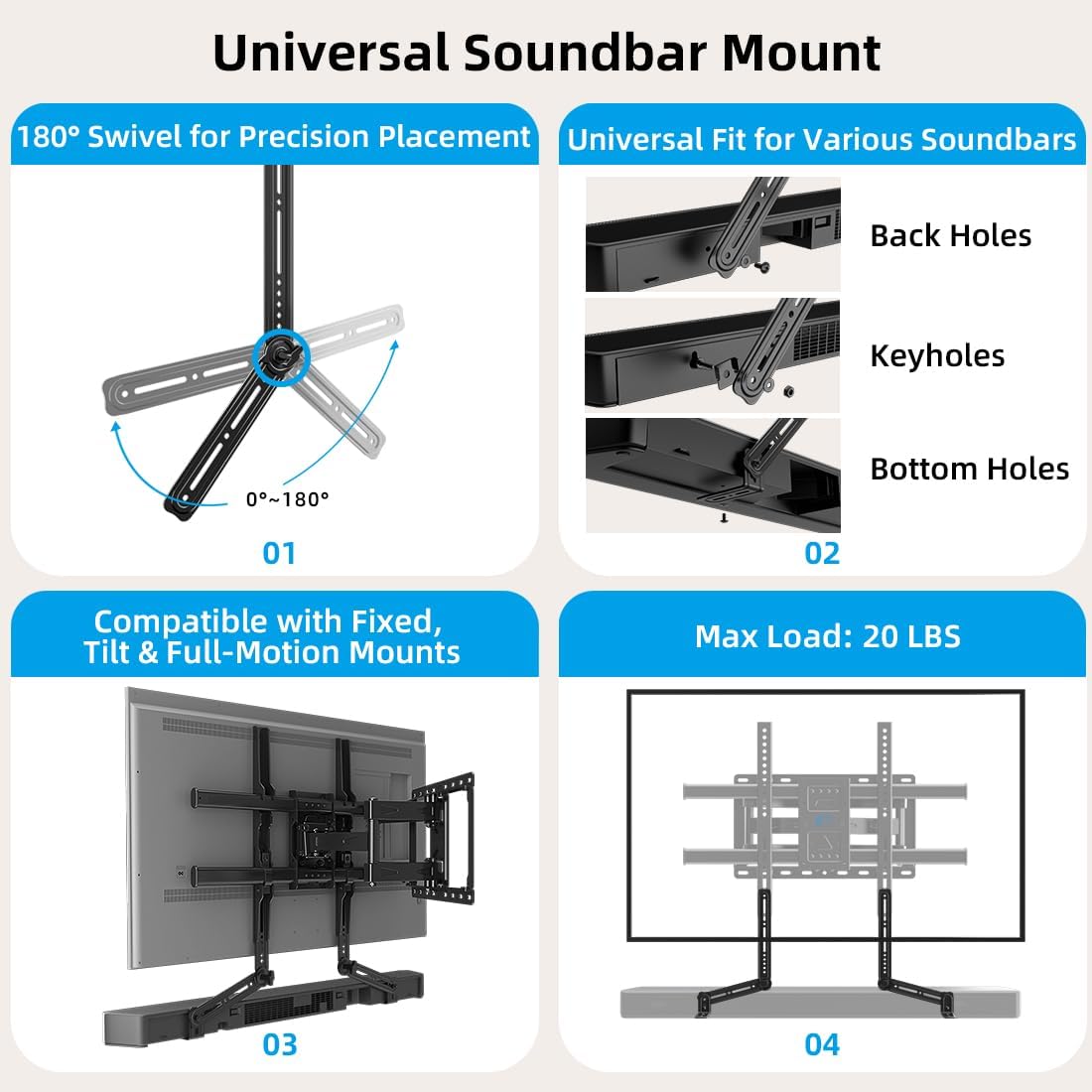 HOME VISION Full Motion TV Wall Mount with Soundbar Bracket, ±65° Swivel & Tilt TV Bracket for 32-85 inch TVs, Dual Articulating Arms fits 8"/12"/16" Studs, Max VESA 600x400mm, 132 lbs