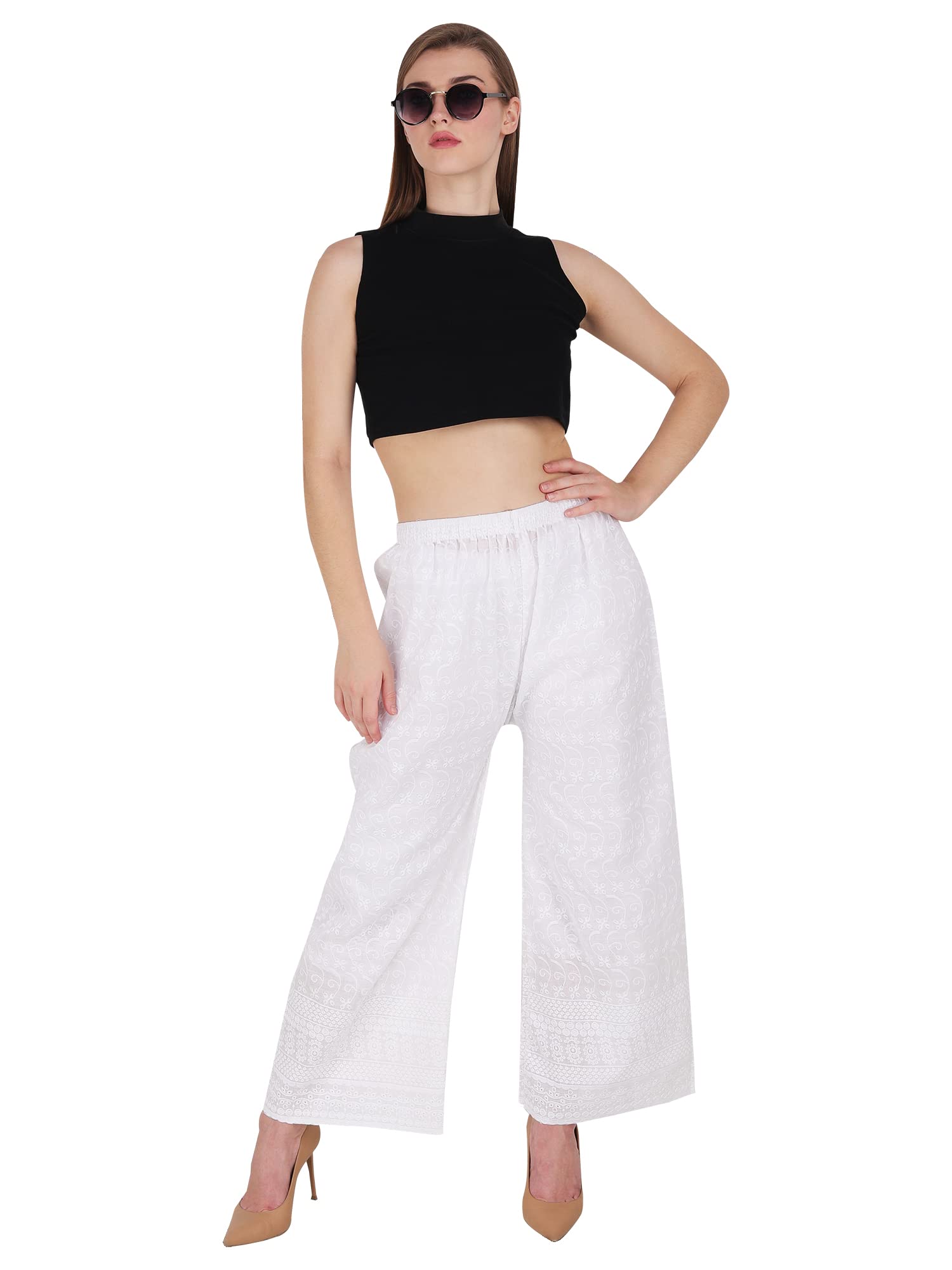 ANGELOU CREATIONSEmbroidred Cotton Full Chikan Work Plazo/Palazzo/Plazzo/Trouser/Pant Combo for Girl & Women |Free Size Waist 28" to 38" |WHITE, Black, Free Size