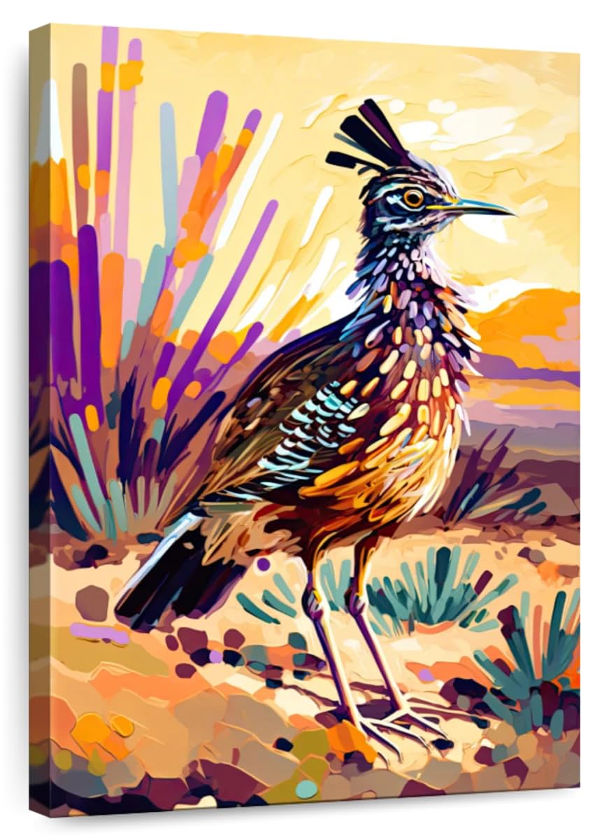 ElephantStock - Desert Roadrunner Wall Art - Vertical Canvas Wall Art - Living Room Wall Decor - Painting Bird Canvas Art - Orange And Purple Decor by