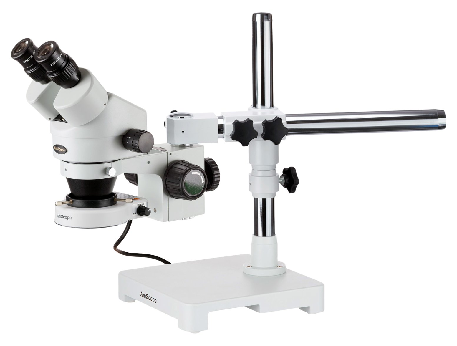 AmScope SM-3BYY-80S Professional Binocular Stereo Zoom Microscope, WH10x and WH15x Eyepieces, 7X-135X Magnification, 0.7X-4.5X Zoom Objective, 80-Bulb LED Ring Light, Single-Arm Boom Stand, 90V-265V, Includes 2.0x Barlow Lens