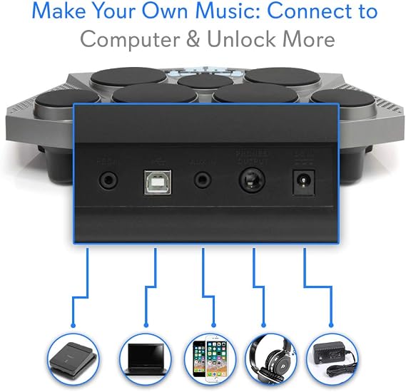 Pyle Pro Electronic Drum kit - Portable Electric Tabletop Drum Set Machine with Digital Panel, 7 Drum Pad, Hi-Hat / Kick Bass Pedal Controller USB AUX -Tom Toms, Hi-Hat, Snare Drums, Cymbals - PTED06