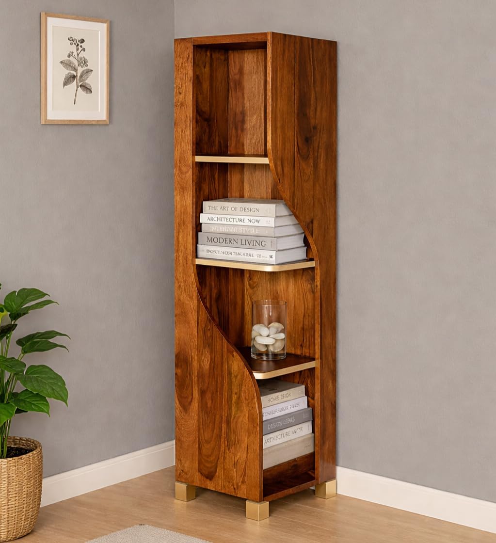 RK Deck Solid Sheesham Wood Corner Bookshelf | 4 Tier Wooden Display Rack with Storage | Honey Finish Book Shelf for Living Room & Bedroom-image-13