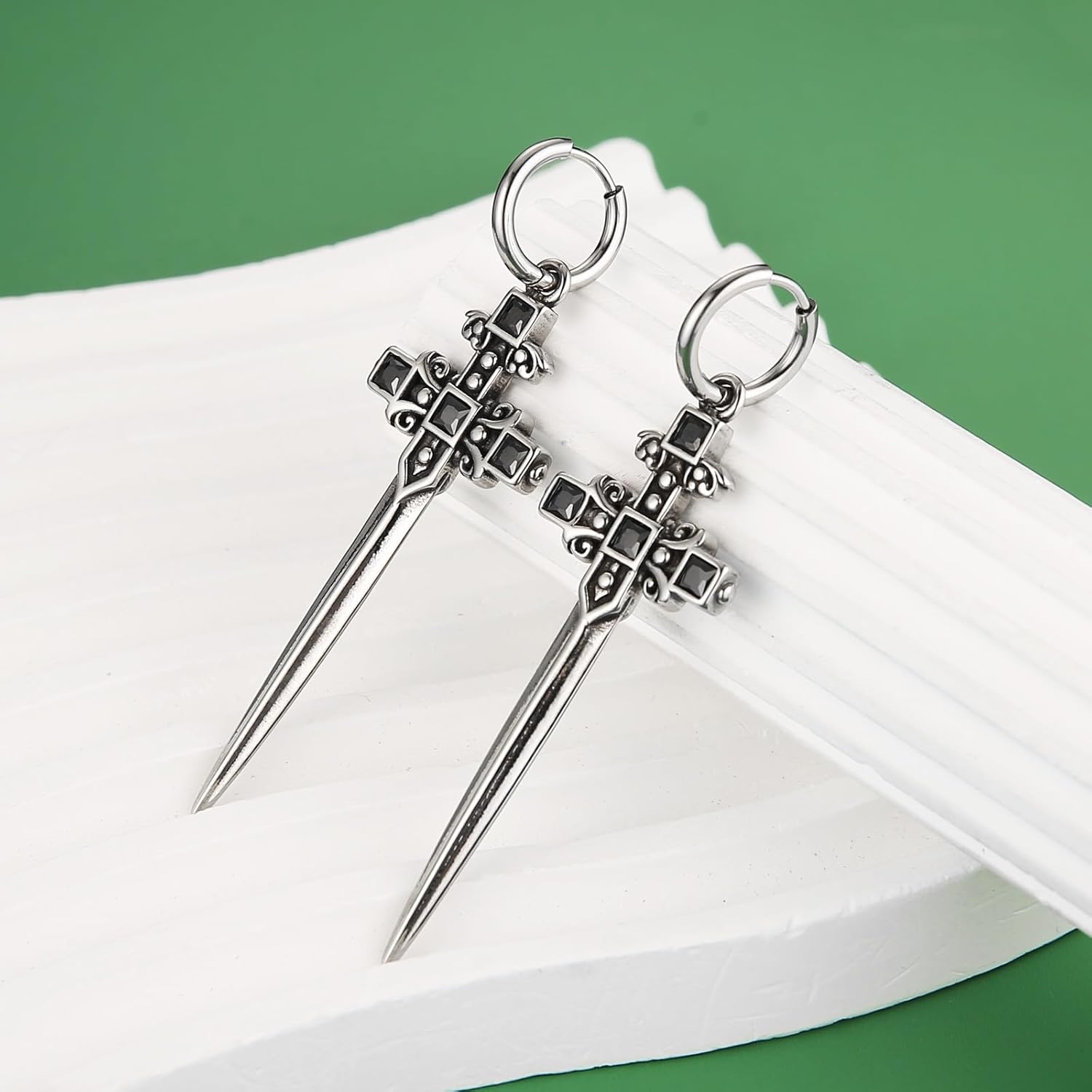 HZMAN Sword/Cross/Awl Spike Dangle Earrings for Men Women Gothic Punk Stainless Steel Hinged Huggie Hoop Earring Jewelry Gift - Image 4