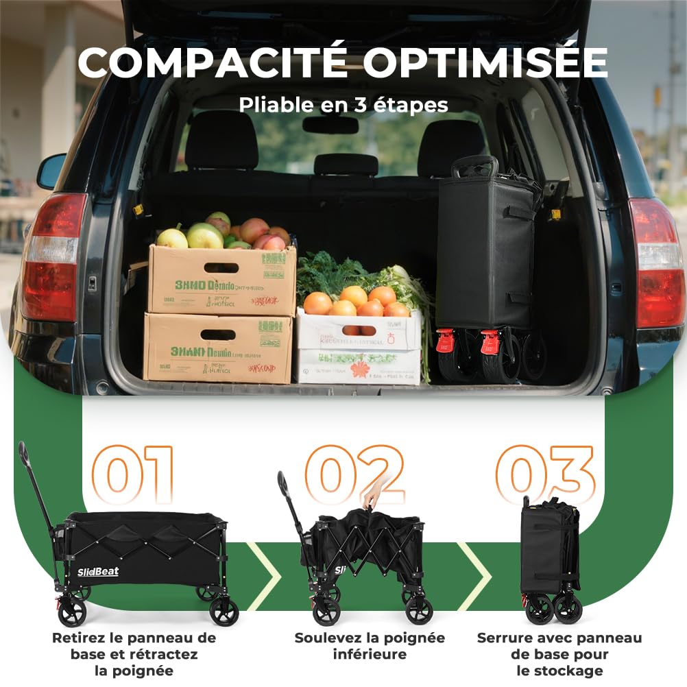 SLIDBEAT Chariot Tout-Terrain Pliable avec Double Frein - Chariot de Transport pour Jardin, Plage et Courses avec Poignée Réglable 0°-90°, Structure Démontable et Lavable en Machine, Capacité XL 150KG