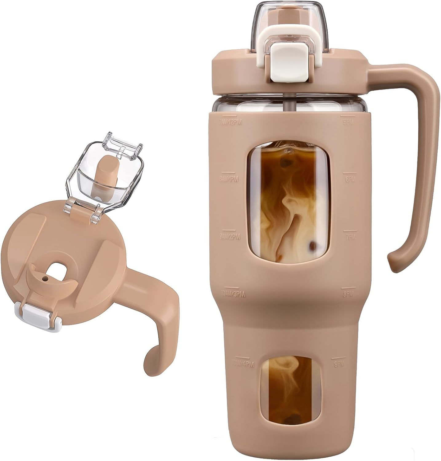 32oz Glass Tumbler with Straw Handle and 2-IN-1 Sip & Spout Lid, Reusable Iced Coffee Cup for Smoothie, Matcha, Leakproof Glass Water Bottle with Straw and Silicone Sleeve, BPA Free-Amber