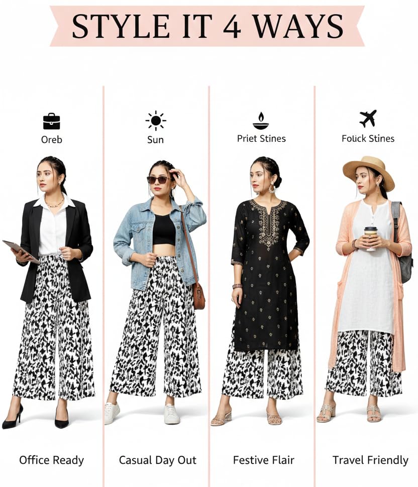 Image of Viscose Rayon Flared Printed Plazzo Palazzo Pants, Loose /Relaxed Fit Regular, Office Wear, Casual Wear Comfortable, Trouser Pants for Girls & Women Black Kerri Design (S to 3XL Size)