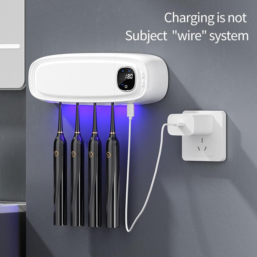 Soporte desinfectante UV para 4 cepillos de dientes | Soporte de pared para cepillo de dientes para baño con secado por ventilador | Limpiador y esterilizador de cepillos de dientes recargable por USB