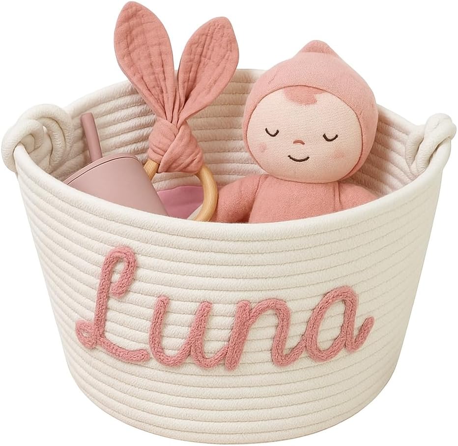 MBBEST Personalized Babys Shower Basket – Custom Rope Cotton Baby Basket with Name – Newborn Keepsake, Nursery Storage, Small Diaper Caddy Organizer, Cute Girl & Boy Baby Gifts