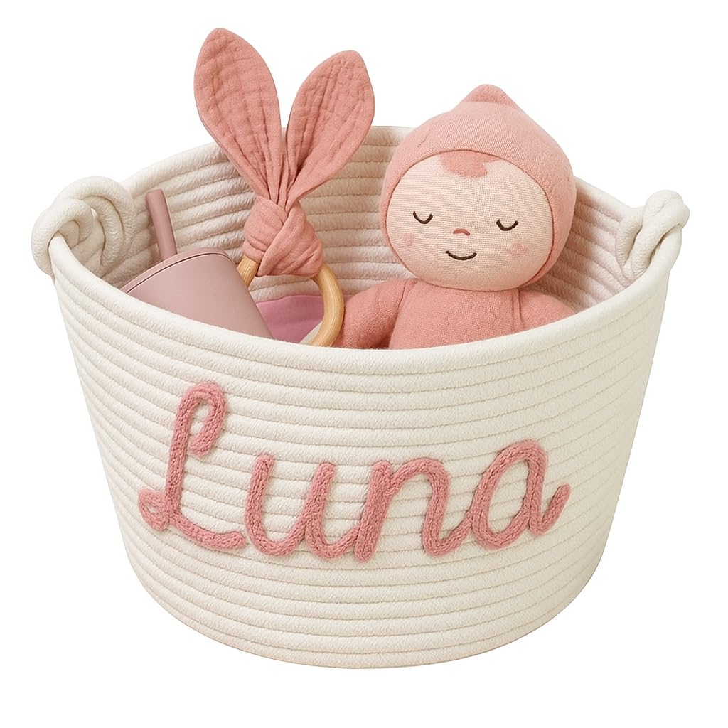 Cesta de regalo personalizada para baby shower de MBBEST, cesta de algodón con cuerda personalizada con nombre, recuerdo para recién nacido, organizador de pañales pequeño, bonitos regalos para niña y niño.